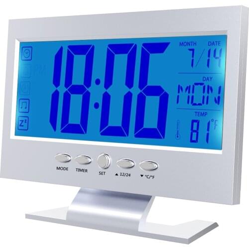 LCD Digital Time Alarm Clock Multifunction Snooze Calendar Temperature Night Display Sound-activated Table Clock