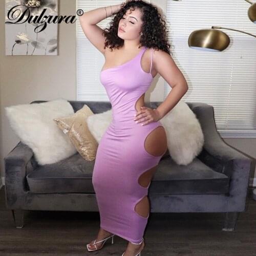 Dulzura Women Fashion 2021 Summer Ladies Hollow Out Midi Bodycon Solid Color Sleeveless Round Neck Stretchy Dress