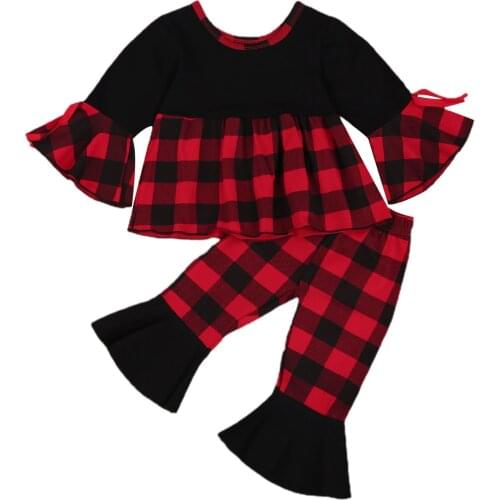 FOCUSNORM Christmas 0-4Y Infant Baby Girls Clothes Sets Plaid Print Patchwork Ruffles Long Sleeve Dress Tops Pants 2pcs