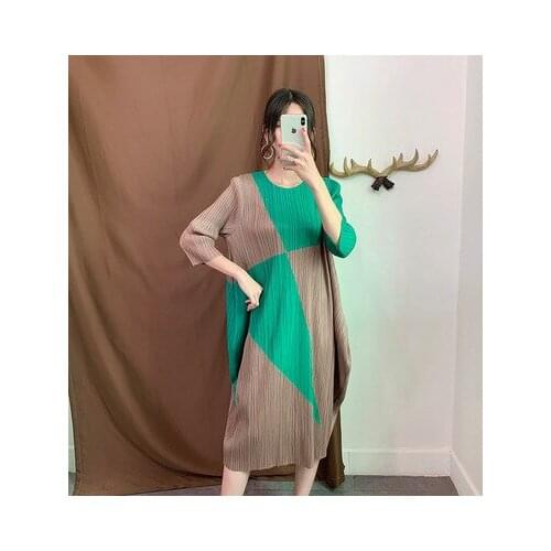 HOT SELLING Miyake fashion fold pleats dress three quarter patchwork o-neck bud dress IN STOCK