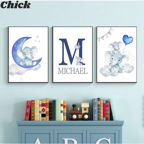 Custom Poster Nursery Prints Blue Baby Personalized Boyls Name Wall Art Canvas Painting Pictures Elephant Animal Wall Art