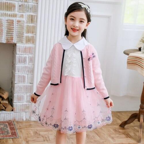 Children clothing sets autumn winter baby girl Long sleeve knitted coat+dress two-piece suit for kids princess Clothes3 5 10Year
