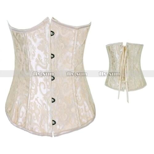 Champagne Brocade Boned Waist Cincher Underbust Corset Lace Up Waspie Bustier Steel Busk Basque S M L XL 2XL