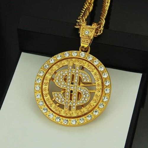 Fashion Men and women hip hop Crystal turn dollar Gold pendant necklace Personality phone shell accessories