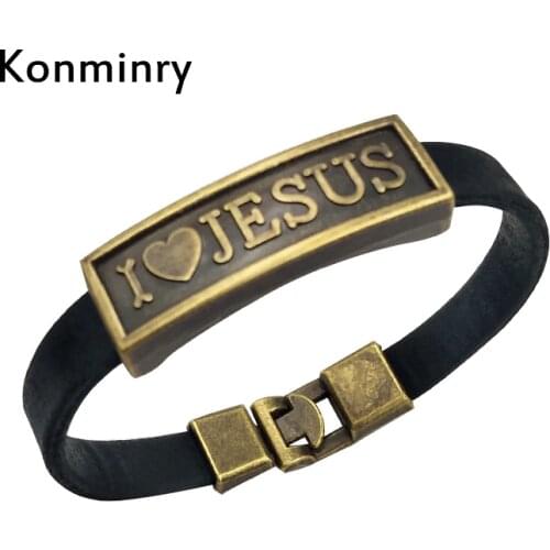 Konminry Fashion I Love Jesus Bracelet For Men Women Vintage Leather Christian Religious Bracelets & Bangles Gifts Jewelry