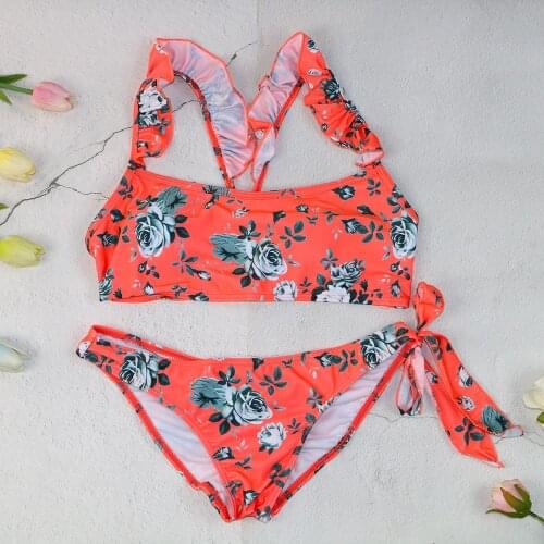 2021 new girls bikinis set orange print sexy women wimwear wire free floral beachwear bandeau swimsuit XS size wire free pad