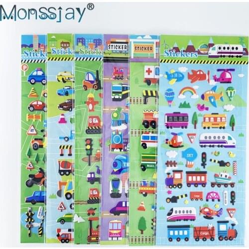 3 Sheets/set Kids 3D Cartoon Transportation Cars Train Plane Stickers For Boys DIY Bubble PVC Scrapbook Sticker Learning Toys