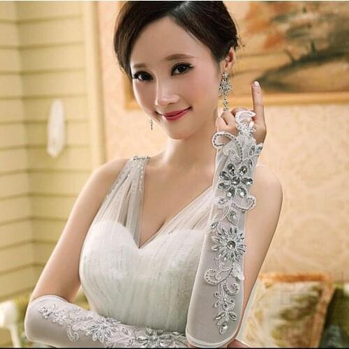 Perfectlifeoh New Satin exposed elbow long luxury diamond brilliance bride wedding gloves