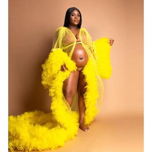 Bright Yellow Pregnant Women Dress Sexy Photograph Robes Sleepwear Ruffles Robe Tiered Gown Bathrobe Sleep Nightdress Femme