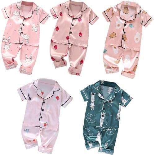 Girls Pajamas Set Summer Short Sleeve Childrens Cartoon Sleepwear Set Satin Silk Pajamas Boy Pyjamas Sets for Kids Home Wear