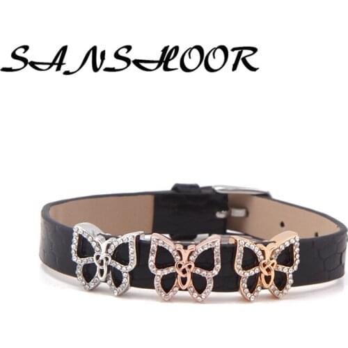 SANSHOOR Hollow Out Crystal Butterfly Keeper Charms Fit Mesh Stainless Steel Bracelets Bangles For Women As Gifts 6Pcs/lot