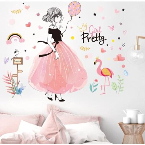 [SHIJUEHEZI] Cartoon Girl Wall Stickers DIY Flamingo Mural Decals for House Kids Room Baby Bedroom Children Nursery Decoration
