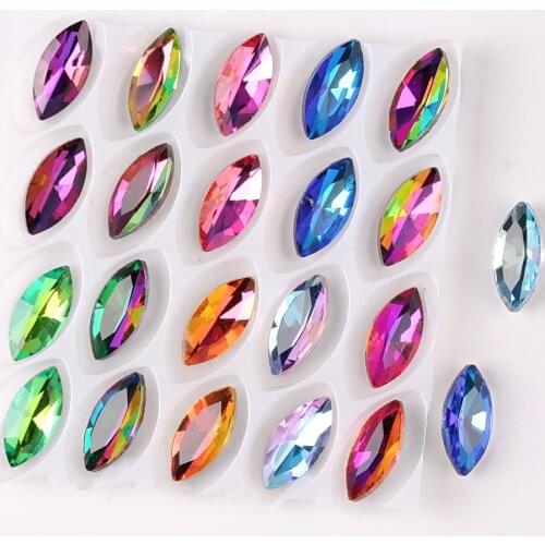 Glass crystal 7*15mm navette shape 20pcs/P Rainbow & jelly candy AB colors pointback Glue on rhinestone beads applique diy trim