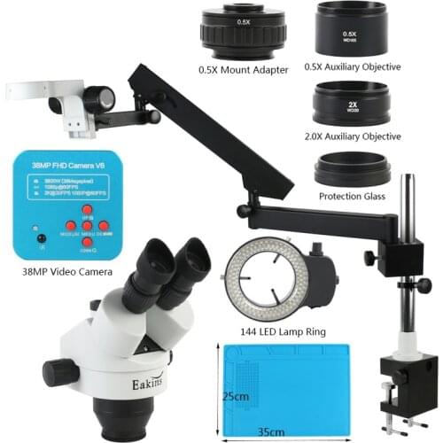 Simul-Focal 3.5-90X Continuous Zoom Trinocular Stereo Microscope Articulating Arm Clamp Stand 38MP HDMI Camera For Phone Repair
