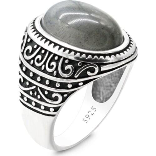 Solid 925 Sterling Silver Men Ring with Natural Labradorite Stone Retro Punk Thai Silver Ring for Male Female Turkish Jewelry