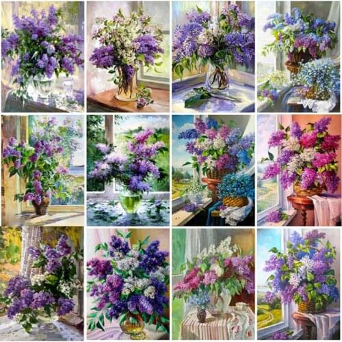 Yujohom 5D DIY Diamond Painting Lilac Cross Stitch Diamond Embroidery Purple Flower Picture Rhinestones Pasted Mosaic Art Kits
