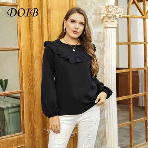 DOIB Plus Size Blouse Ruffles T Shirt Women O Neck Full Sleeve Large Size Blouse 2021 Spring Autumn Elegent Blouse Shirt 4XL