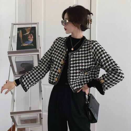 Women Autumn Spring Korean Elegant Jacket Retro Houndstooth Round Neck Temperament Short Jacket Single-breasted Office Lady Coat