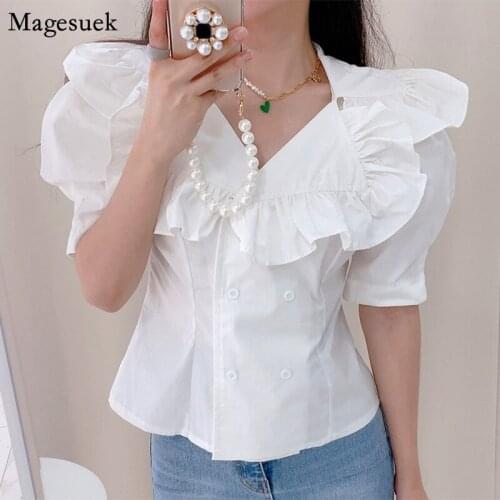 Vintage Chic Ruffles Blouse Women Summer V-neck Puff Sleeve Loose Woman Shirt Tops Korean Turn-down Collar Printed Shirts 15729