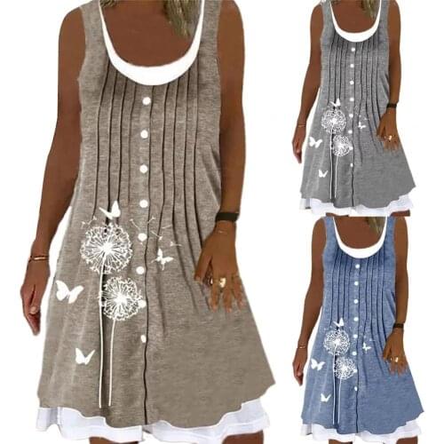 Summer Dress Women Fake Two-piece Dress Single-breasted A Line Round Neck Sleeveless Printing Dress 2021 платье летнее женское