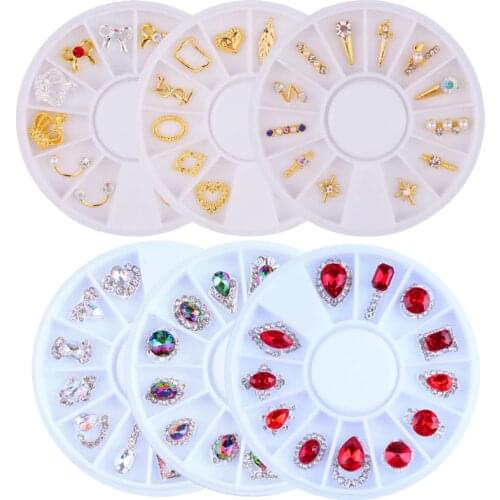 12 Design Alloy AB Nail Art Rhinestone Decorations Shiny Crystal Jewelry/Diamonds/Metal Studs Polish Gel 3D Tips DIY In Wheel