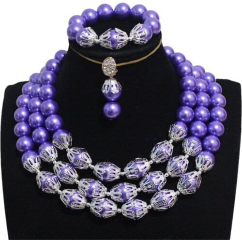 4UJewelry Simulated Pearl Purple and Silver African Jewelry Set Nigerian Wedding Beads Earrings Bracelet Necklace Set
