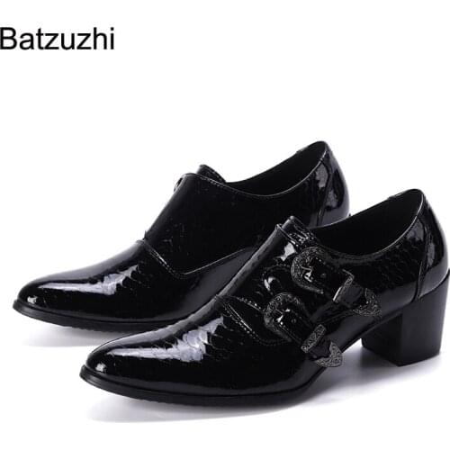 Batzuzhi 7.5 Heels High Men Shoes Pointed Toe Black Genuine Leather Dress Shoes Men Buckles Men Dress Shoes Leather Party Shoes