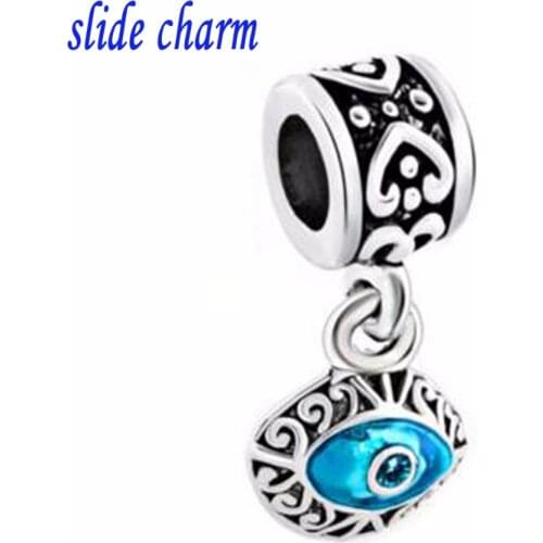 Slide charm Free shipping Filigree Masonic Blue Evil Eye Dangle Heart Charm Bracelet Spacer 1 fit Pandora bracelet