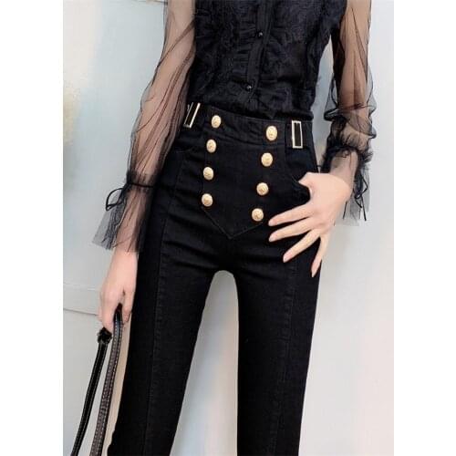 Black Velvet Jeans Female 2020 New Style for Autumn and Winter High-Waisted Elastic Thin Wild Tight Feet Pants Womens Pants