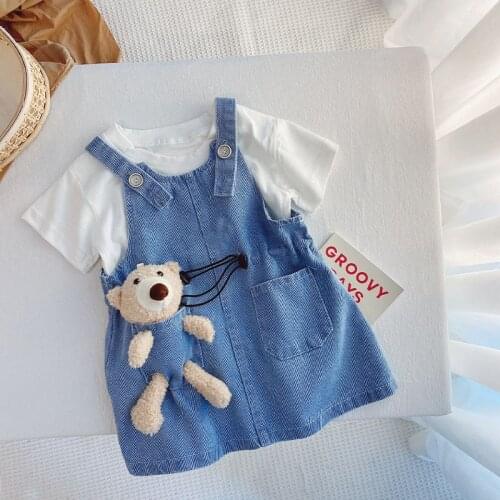 Two-piece Children Sets For Girls Denim Strap Dress+T-shirt With Bear Summer1-6T Black Suit Skirt And Top Baby Girl Clothes Set