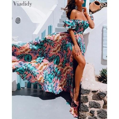 Off Shoulder Print Ruched Beach Style Long Dress Slash Neck Ruffles High Slit Maxi Dress