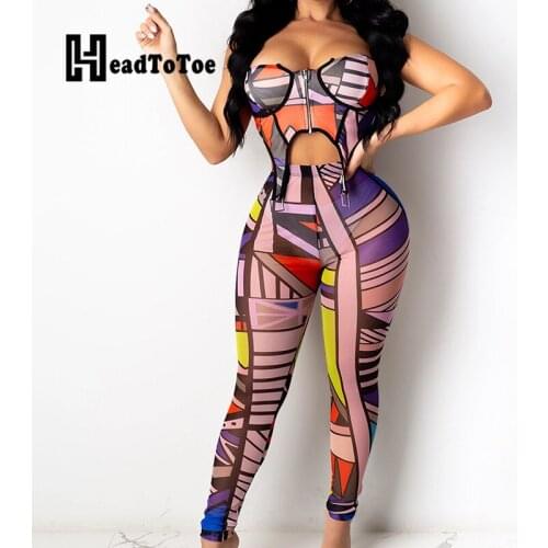 Geometric Print Zip Navel Sexy Streetwear 2 Piece Set Women Spaghetti Strap Square Neck Skinny Slim Two Piece Outfits Woman