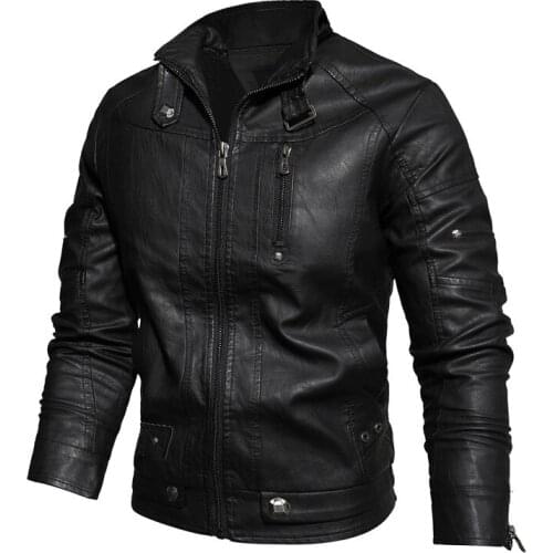 Men Motorcycle Jacket Casual Zipper Solid Color Spring Autumen PU Leather Coat Male Stand Collar Windbreaker Sportswear