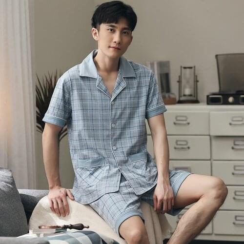 Men Shorts Pajamas 100% Cotton 2 Pieces Fashion Sleepwear Pijama Mans Bedgown Home Clothes PJ Plaid Pure Cotton Pajamas Summer