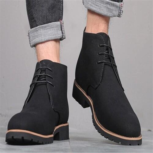 New Mens Fashion High Quality Pointed Casual Leather Boots Front Lace-up Low Heel plus Size Martin Boots Scrub Mens Shoes