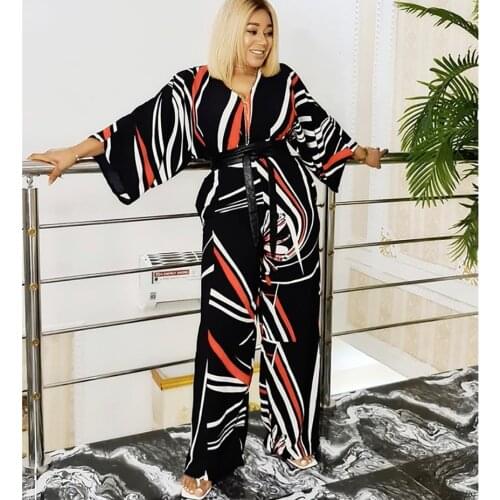New African Womens Dashiki Fashion Abaya Stylish KWA Stripe Spliced Print Jumpsuit Loose Size L XL XXL