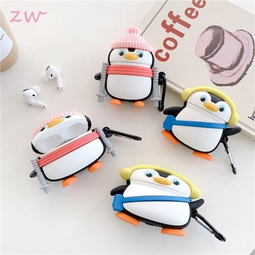 Penguin for airpods 1 2 pro case 3d cute cartoon skiing music animal soft silicone wireless bluetooth headset protective cover