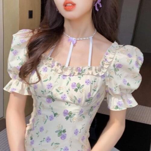 French Floral Fairy Dress Women Ruffled Vintage Puff Sleeve Mini Dress Female Elegant Princess Holiday Beach Boho Dress 2021 New