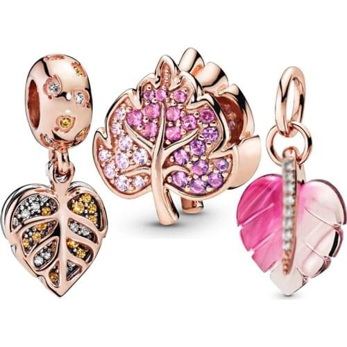 Crystal Maple Leaf Pendant Fit Original Pan Charms Bracelet Women Rose Vein Leaves Beads for Jewelry Making Kid DIY Bangles Gift