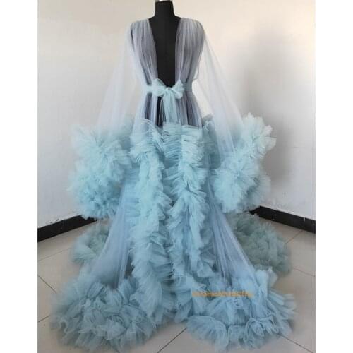Luxury Light Blue Maternity Gown Long Sleeves Ruffles Wedding Sleepwear Bathrobes Nightgowns Robes Women Dress Kimono Tiers