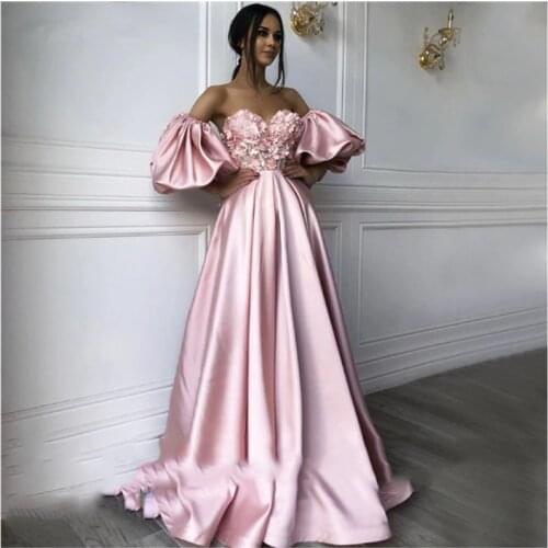 Pink Sweetheart Neck caftan Satin Evening Dresses Flowers Short Sleeve Arabic Special Occasion Dresses Evening Party Gowns