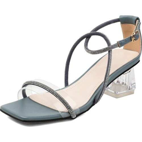 Summer Womens Sandals Crystal Heel Thick High-Heeled Thin Band Combination Buckles Square Toe Cap Sandals for Women