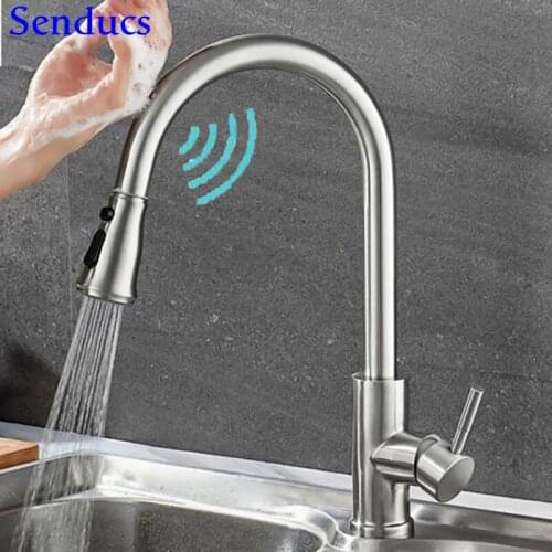 Touch Mixer Tap Senducs Pull Down Sensor Kitchen Faucet Quality Brass Touching Bathroom Basin Faucet Automatic Kitchen Faucets