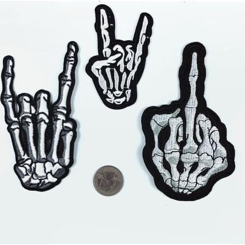 Skeleton punk style white bone corna rock gesture patches evil finger demon Horn embroidery Clothing accessories