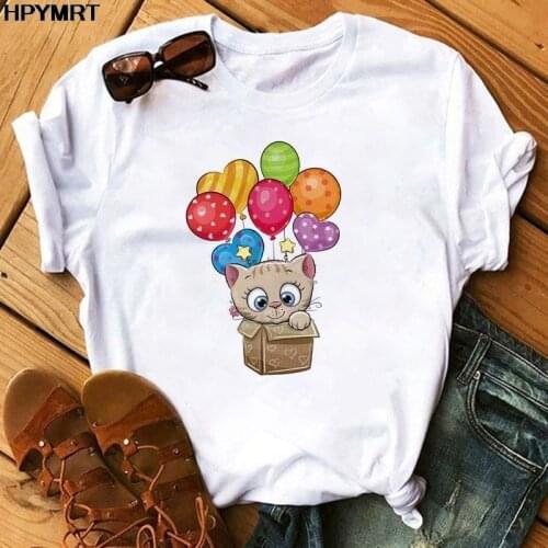 Streetwear Women T-shirt Fashion Cartoon Cute Cat balloon Printed T shirt Harajuku Casual Summer Short Sleeve Tops Tshirt Female