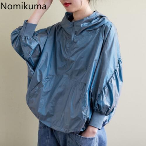 Nomikuma 2021 Spring Summer Thin Coat Causal Hooded Women Sun-protection Jacket Bat Sleeved Patchwork Outwear 6E366
