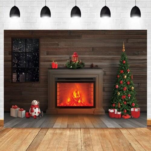 Laeacco Fireplace Christmas Tree Vinyl Background Wooden Boards Floor Child Interior Photography Backdrop Poster Photo Studio