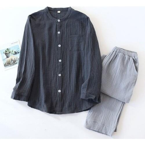 Four Seasons Japanese Couple O-Neck Long Sleeve Long Pants Pyjama Set Mens Pajamas Ladies Sleep Wear 100% Cotton Couple Pajamas