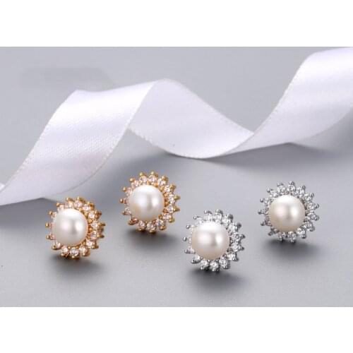 Yuan' S2021new Japanese and Korean fashion fresh water pearl earrings with Round Diamond Sunflower Earrings