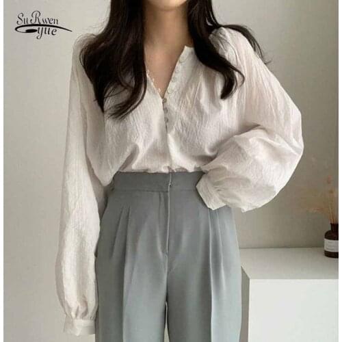 Chic Single-breasted V-neck Korean Style Loose Long Sleeve Thin Air-conditioned Blouse Women Simple White Shirt Top Blusas 12250